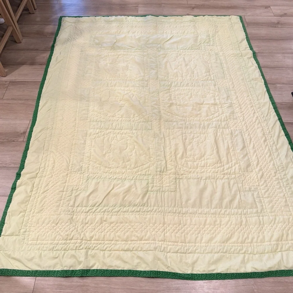 Handmade Vintage Embroidered Animal Quilt Twin Nursery Bunny Duck Green 50x64
